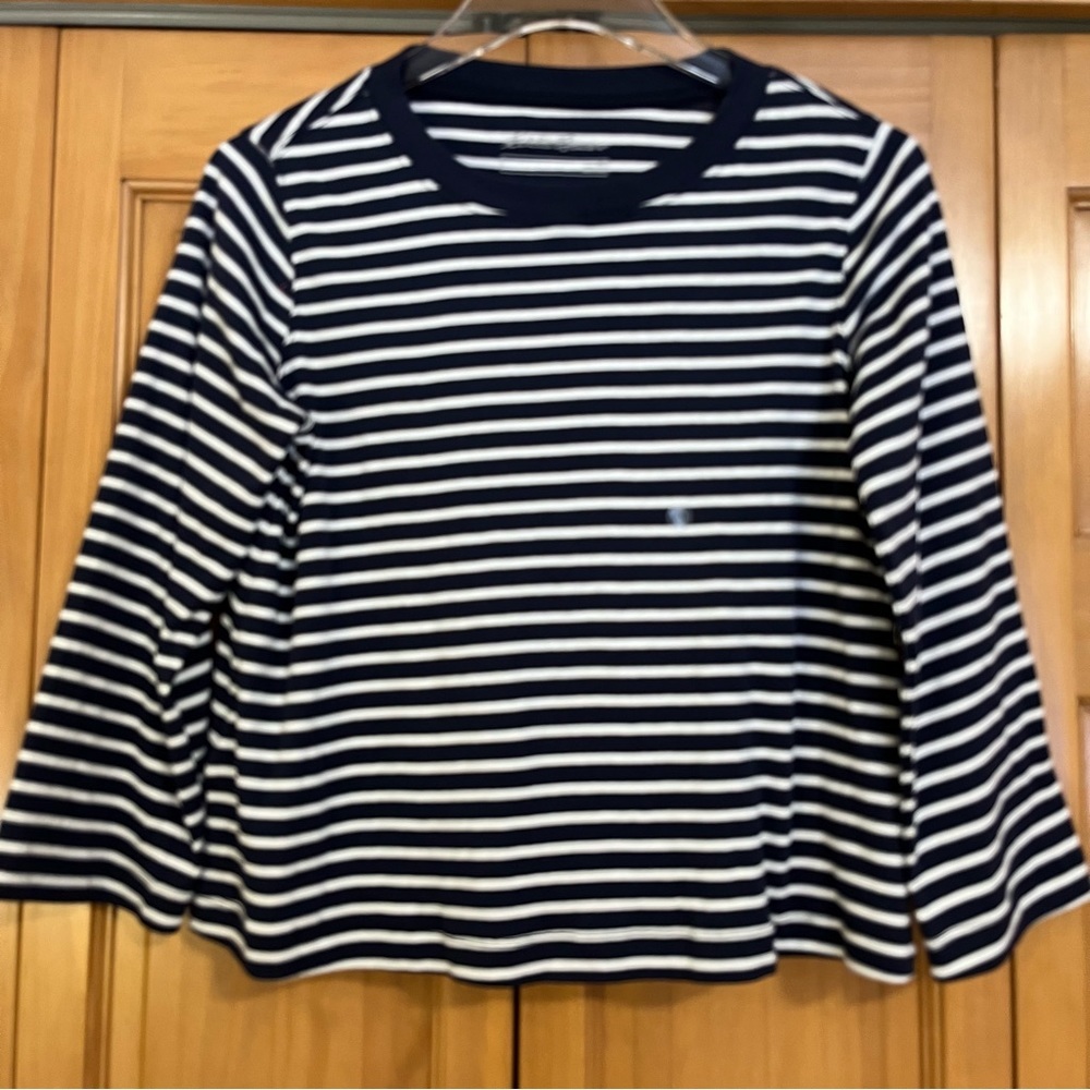 Eddie Bauer Navy/White Striped 3/4 Sleeve Crew Neck Top Size XS NWT